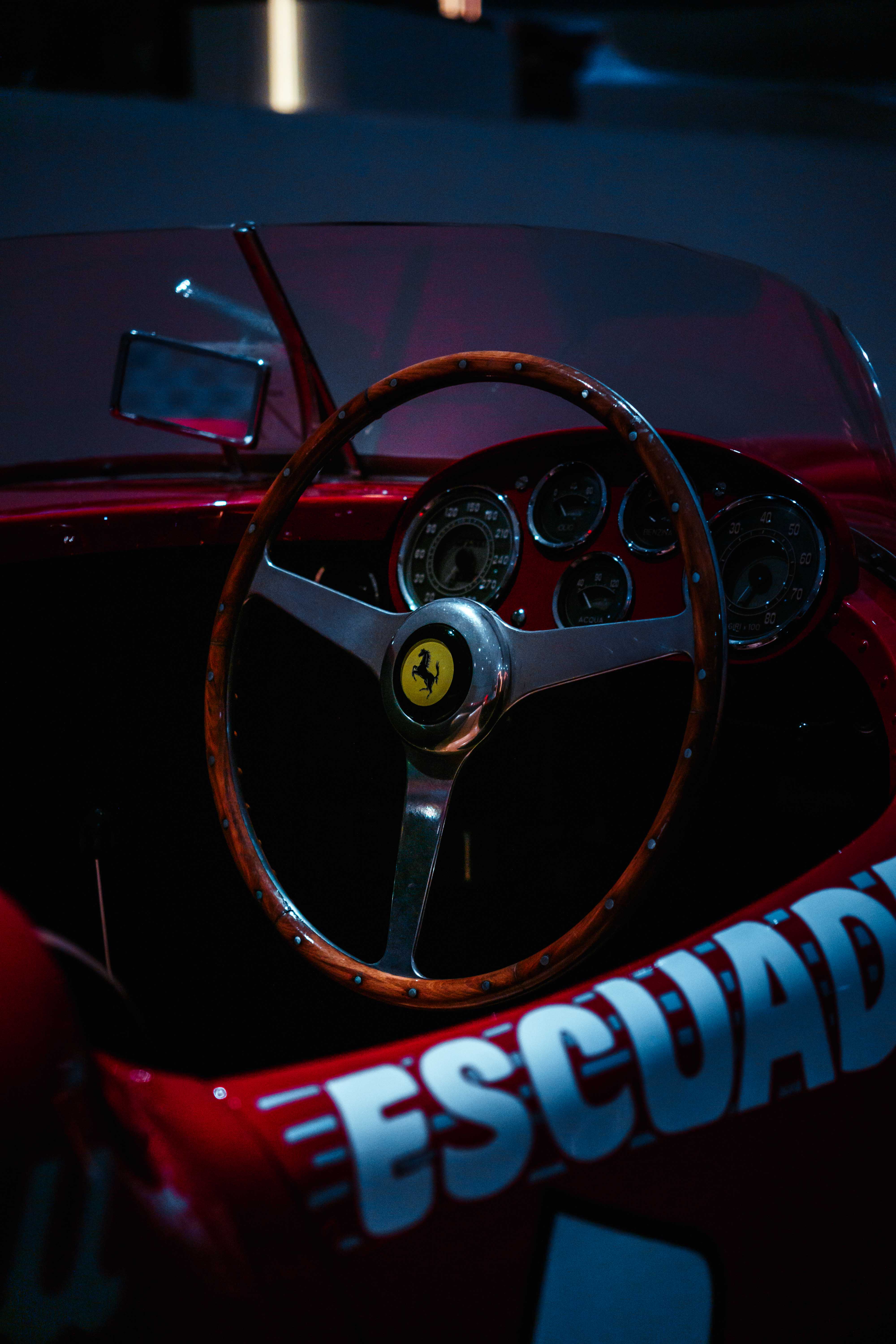 Sterring wheel photo of old racing Ferrari